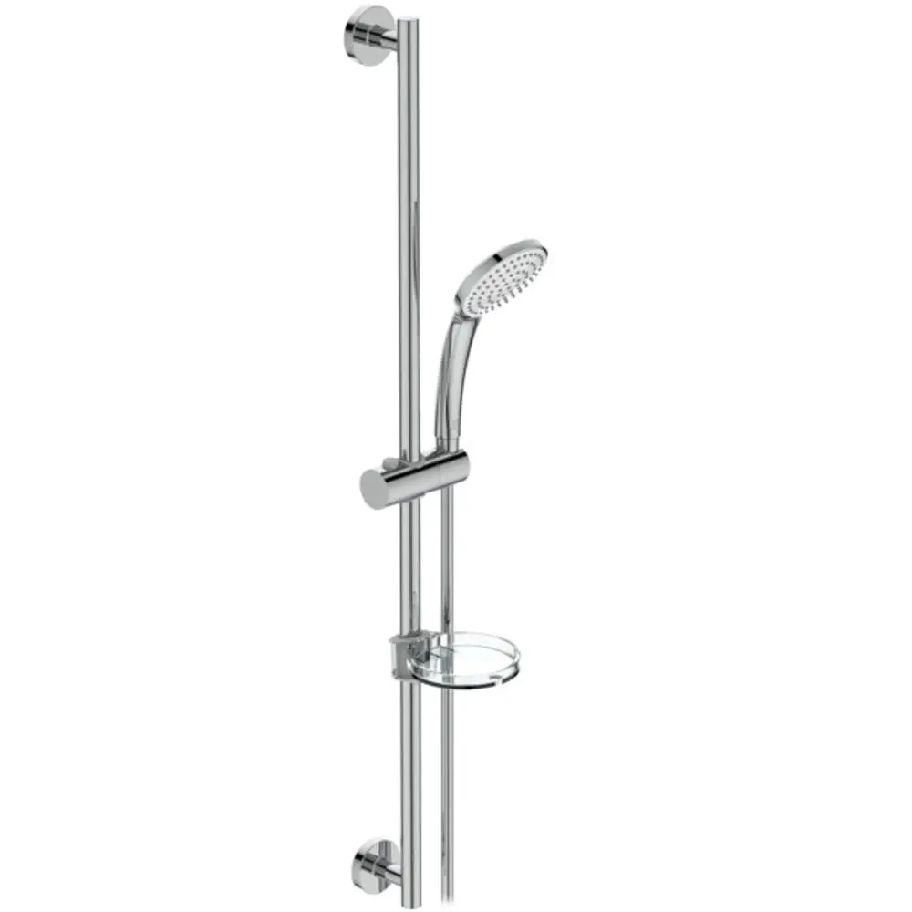 Brausekombination von Ideal Standard mit einer Handbrause und Halterung, verchromt, montiert an einer vertikalen Stange, mit Ablagefläche für Duschutensilien.